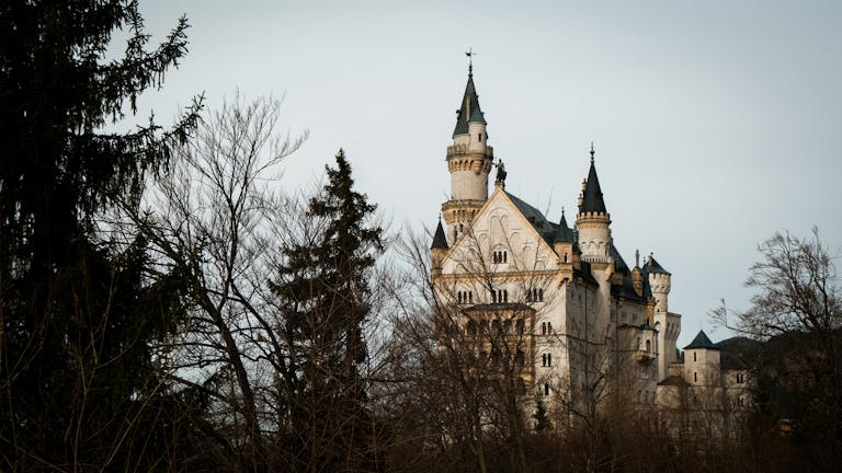 Capture of Neuschwanstein Castle surrounded by bare winter trees, showcasing its fairytale architecture.