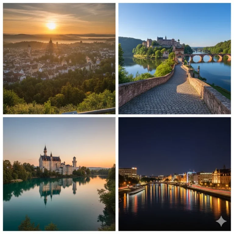 독일 프라이부르크 아침 햇살, 하이델베르크 철학자의 길 한낮 풍경, 퓌센 알프제 호수 오후 전경, 베를린 슈프레 강변 야경을 담은 4분할 여행 사진