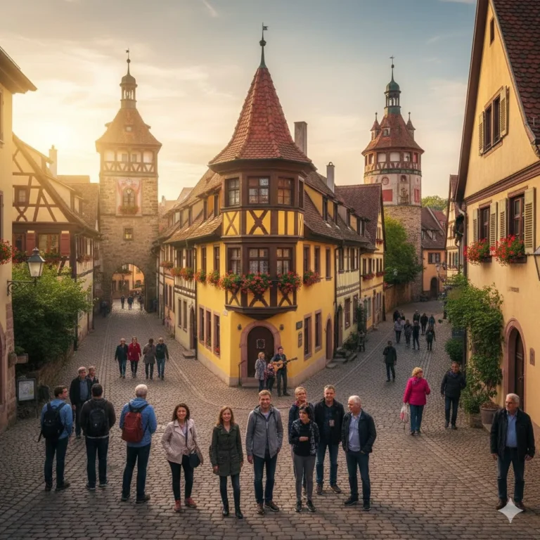 독일 로텐부르크 여행의 상징인 플뢴라인(Plönlein) 노란색 목조 건물과 중세 성탑이 어우러진 삼거리 전경