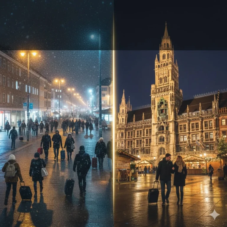 뮌헨 숙소 위치 비교 중앙역과 마리엔 광장 야경 대비 이미지