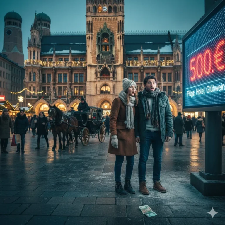 뮌헨 마리엔 광장 크리스마스 마켓 배경으로 겨울 여행 복장을 한 커플이 여행 경비 정보를 확인하며 놀라는 모습, 뮌헨 겨울 여행 경비 절약 팁 대표 이미지